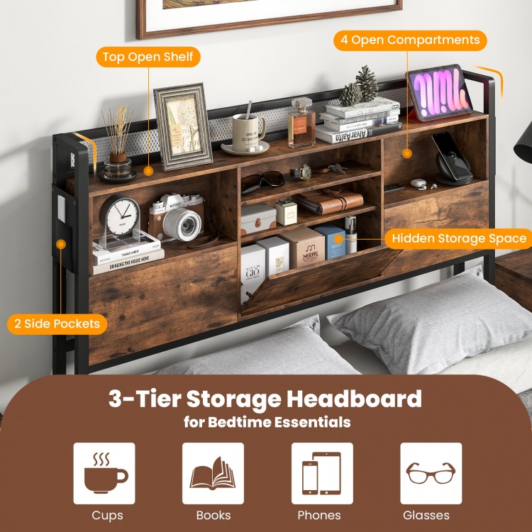 Full/Queen Size Bed Frame with 3-Tier Bookcase Headboard and Charging Station