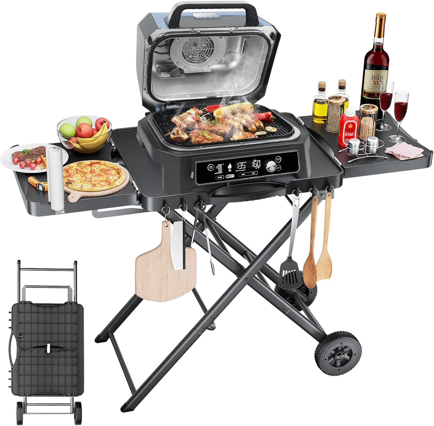 Universal Portable Grill Cart with Folding Stand & Side Shelf – Heavy-Duty Metal, 2 Wheels, 51′′x21′′ Tabletop, Outdoor Cooking Companion