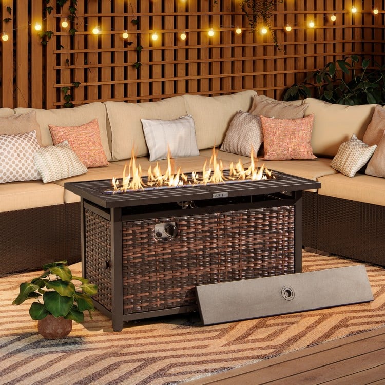 45 Inch Propane Rattan Firepit Table with Glass Stones and Protective Cover