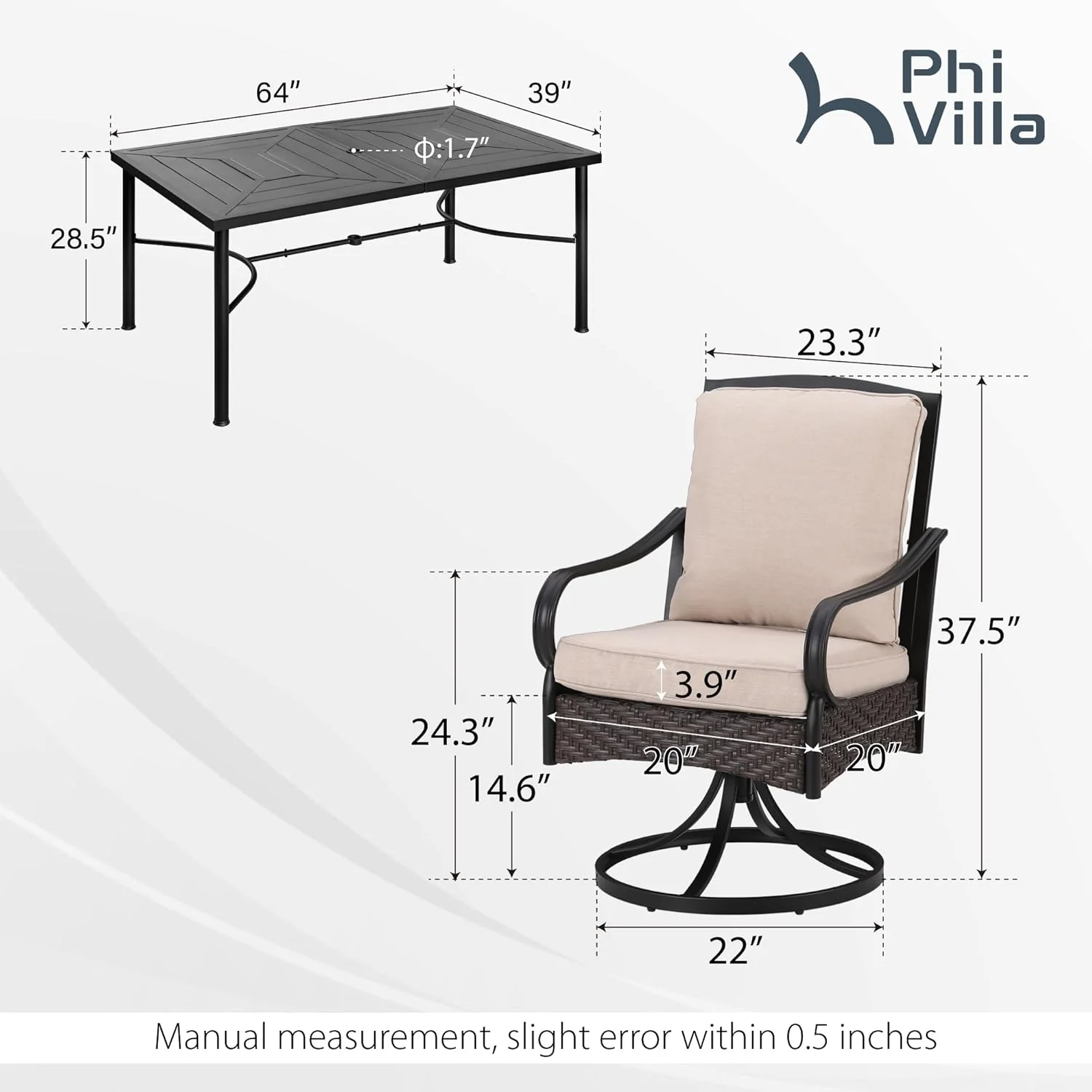 PHI VILLA 6-Piece Outdoor Dining Sets, All-Weather Patio Table and Chairs Set with Umbrella for 4, Heavy Duty Patio Round Table Set for Deck, 4 Extra Large Outdoor Swivel Chairs with Thick Cushions