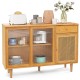 Modern Bamboo Buffet Sideboard Cabinet with Tempered Glass Sliding Doors