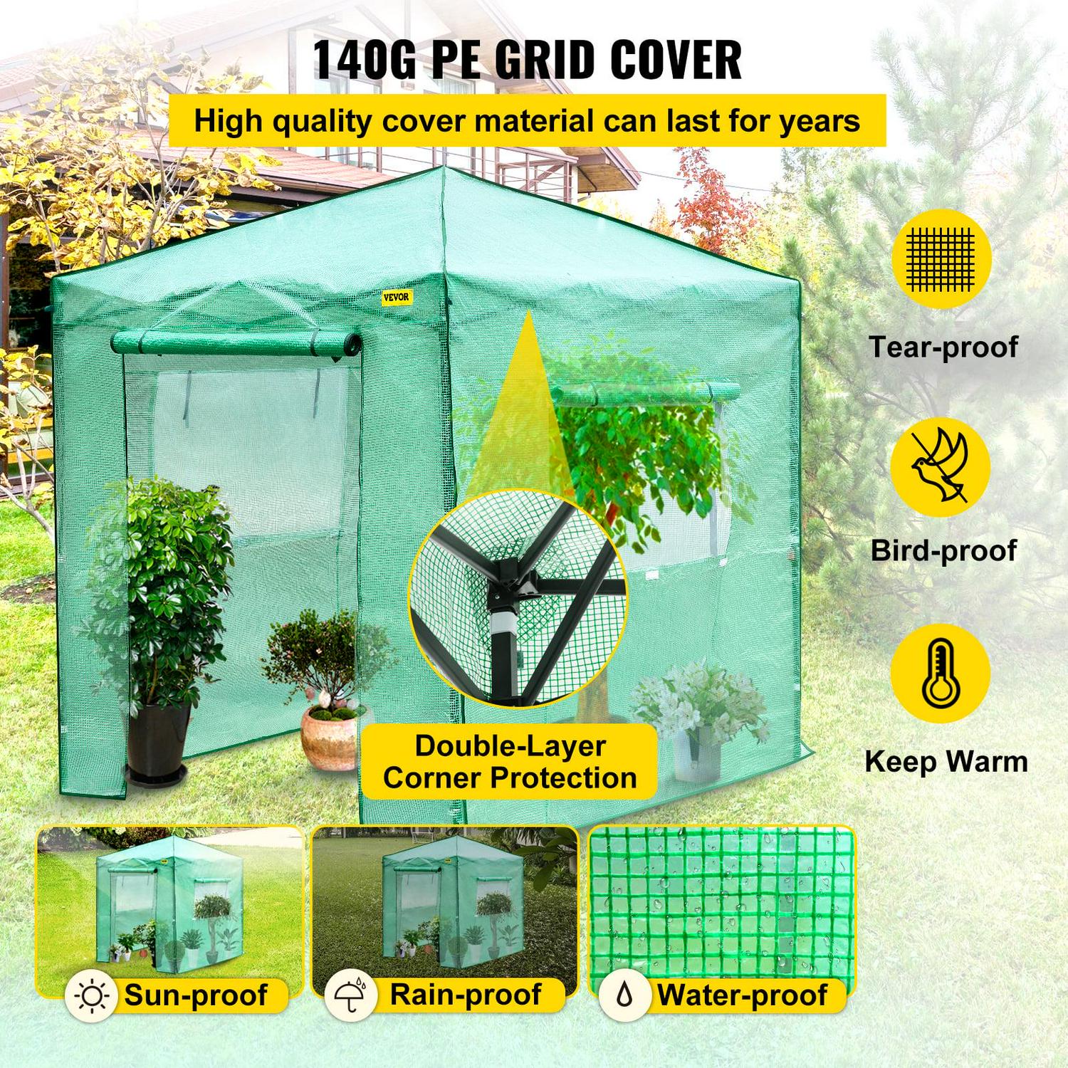 VEVOR 8x6ft Portable Pop-up Walk-in Greenhouse, Waterproof & UV Resistant, with Roll-Up Door & Windows for Gardening