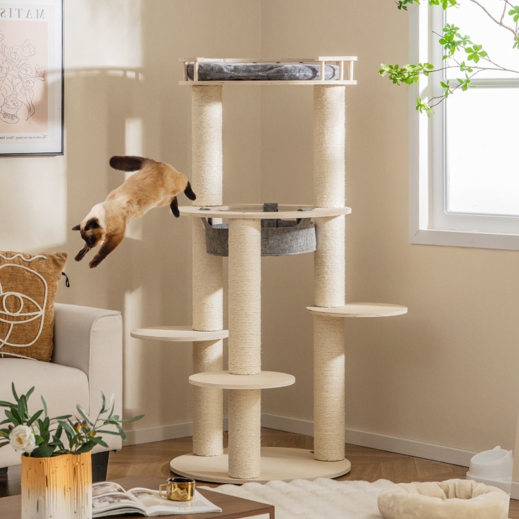 5-level Wooden Cat Tree with Padded Perch Non-woven Hammock