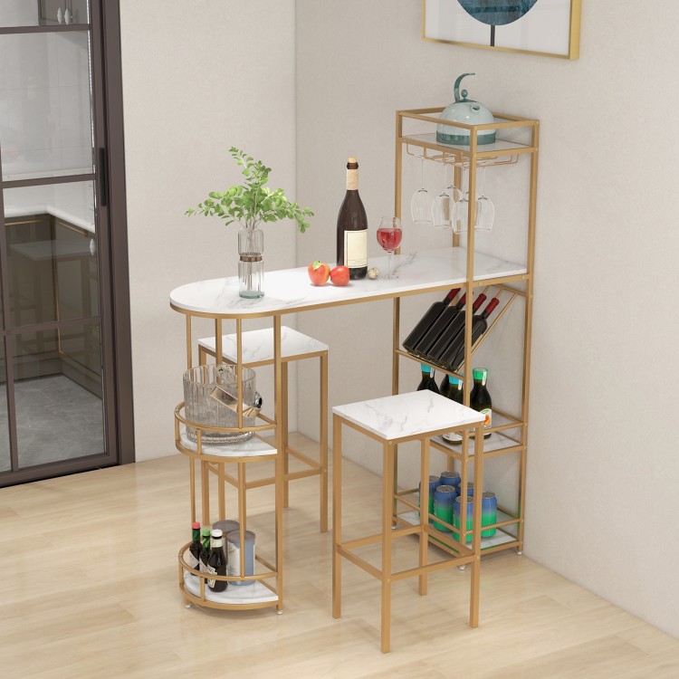 3 Pieces Bar Table Set with Storage Shelves and Wine Rack