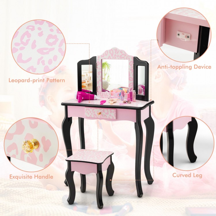 Kid Vanity Set with Tri-Folding Mirror and Leopard Print