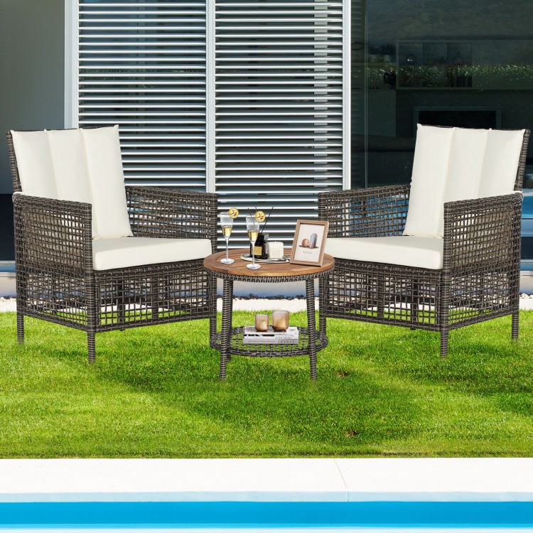 3 Pieces Patio Rattan Furniture Set with Cushioned Sofas and Wood Table Top