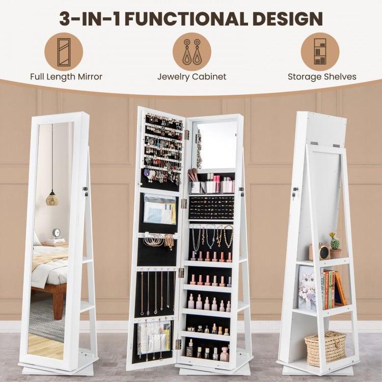 360° Swivel Jewelry Armoire Standing Jewelry Organizer with Full Length Mirror and Back Shelves
