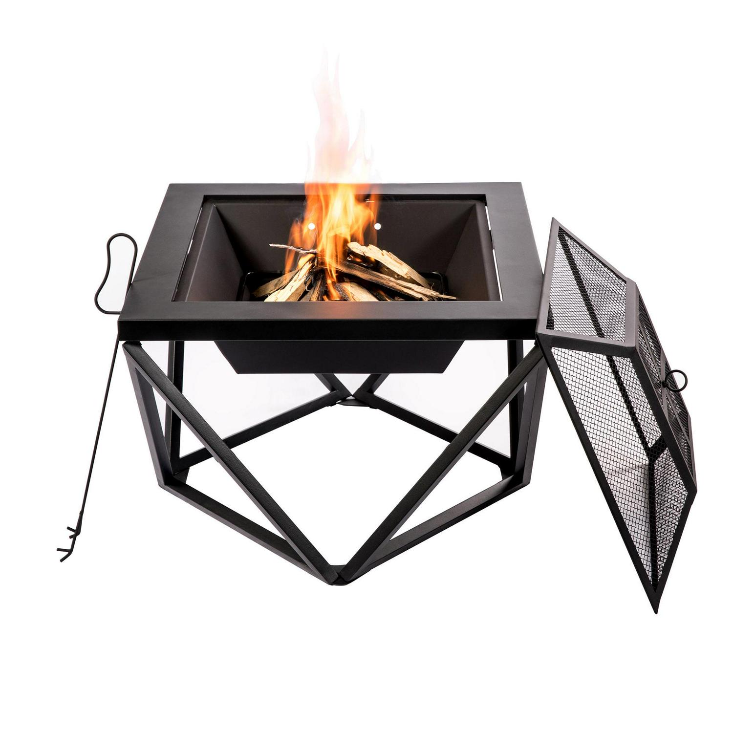 Teamson Home 24′′ Wood Burning Fire Pit, Square Design with Geometric Base, Black, Outdoor Use