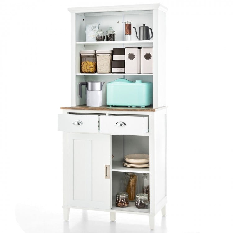 Freestanding Kitchen Pantry with Hutch Sliding Door and Drawer
