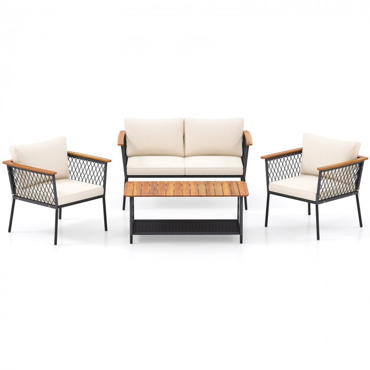 4 Piece Patio Rattan Furniture Set with 2-Tier Coffee Table