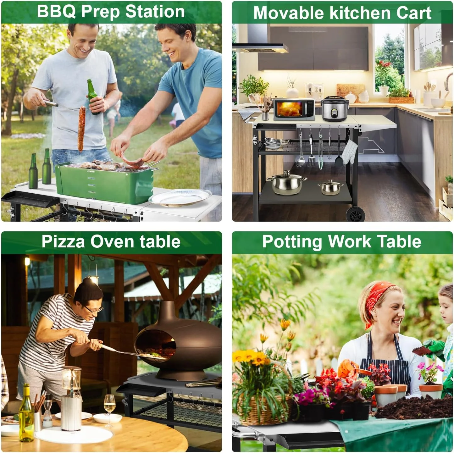 Stainless Steel Outdoor Grill Cart & Pizza Oven Stand with Wheels, Foldable Side Table, Spice Rack & Bottle Opener