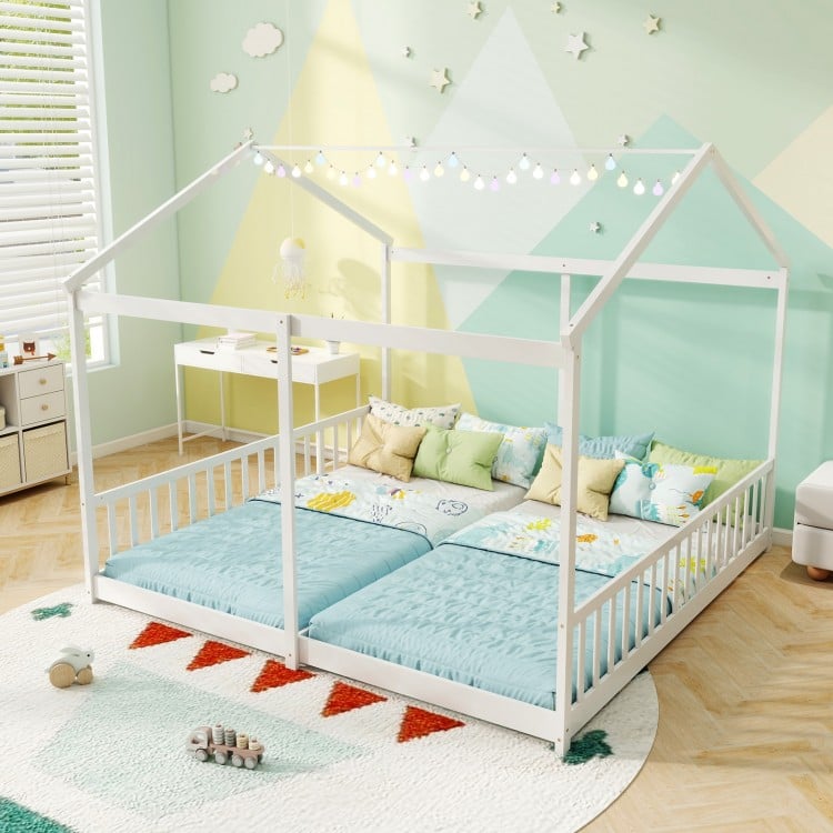 Double Floor Bed for Twins House Beds with Safety Guardrails for 2 Kids