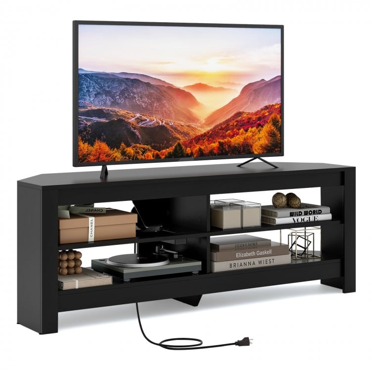 Corner TV Stand with Power Outlet and 4 Open Storage Shelves