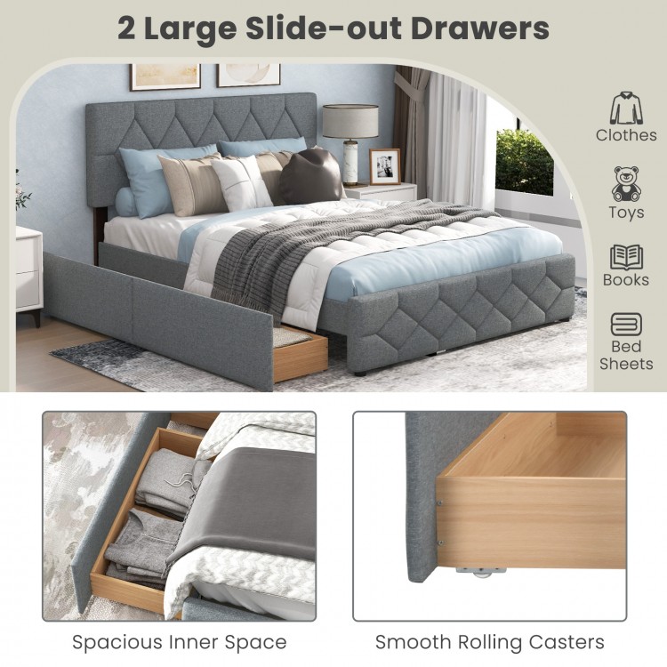 Queen Upholstered Platform Bed with Trundle and 2 Drawers No Box Spring Needed Noise Free