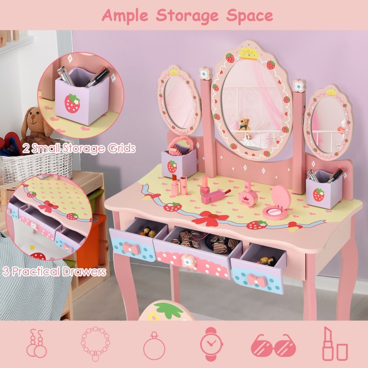 Kids Vanity Princess Makeup Dressing Table Chair Set with Tri-fold Mirror