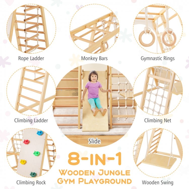 8-in-1 Wooden Jungle Gym Playset with Slide and Monkey Bars