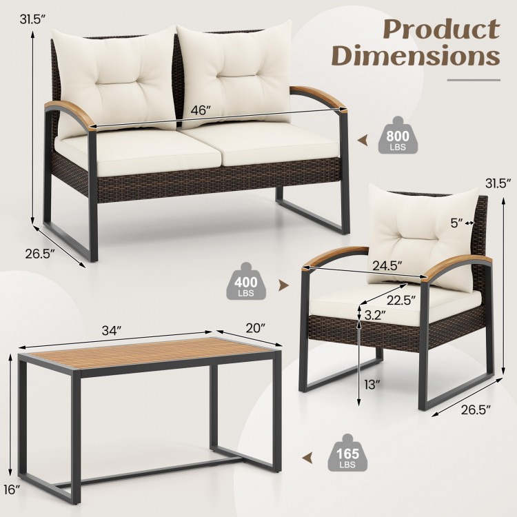 4 Pieces Patio Conversation Set with Acacia Wood Armrests and Tabletop and Cushions