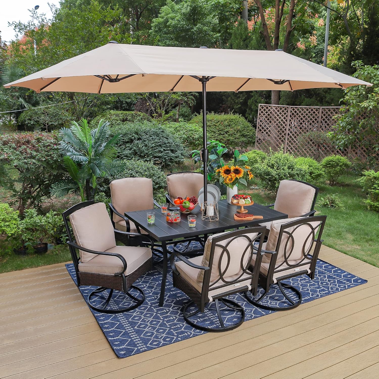 PHI VILLA 6-Piece Outdoor Dining Sets, All-Weather Patio Table and Chairs Set with Umbrella for 4, Heavy Duty Patio Round Table Set for Deck, 4 Extra Large Outdoor Swivel Chairs with Thick Cushions
