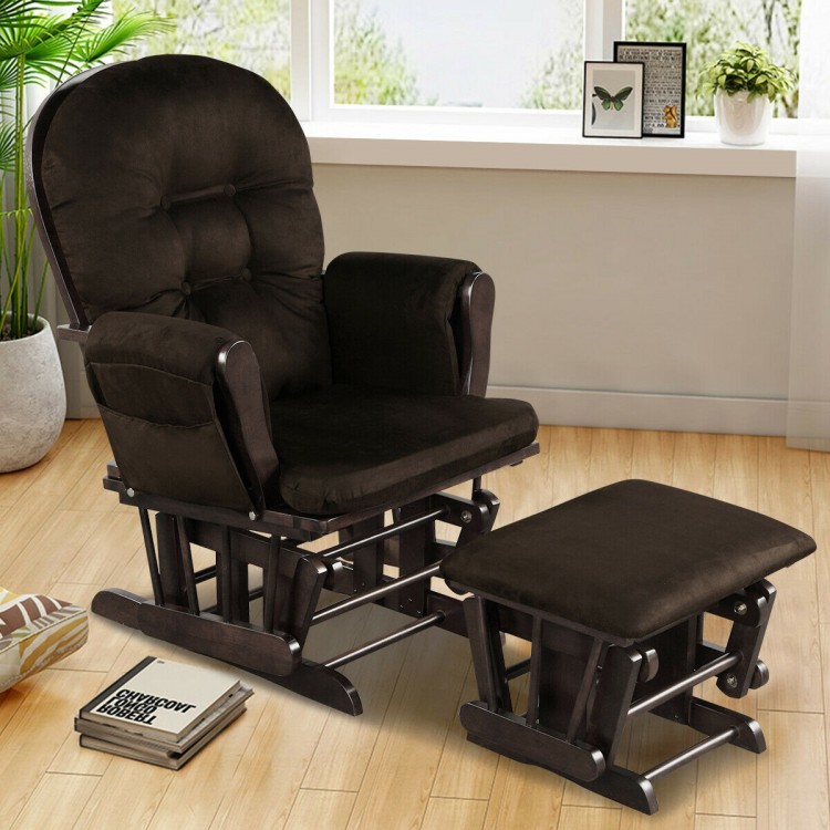 Wood Glider and Ottoman Set with Padded Armrests and Detachable Cushion