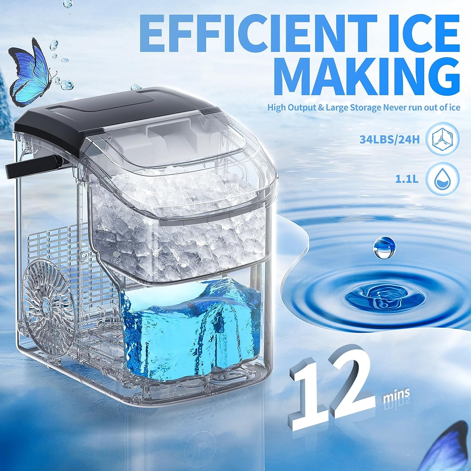 Nugget Countertop Ice Maker – Soft Chewable Pellet Ice, 34lbs/Day, Portable, Self-Cleaning, One-Click Operation