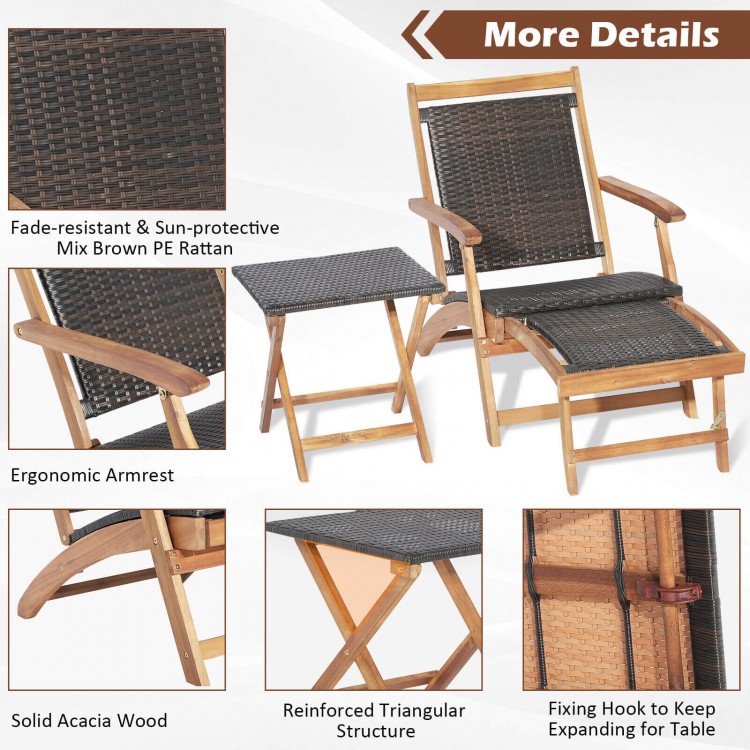 2 Pieces Patio Rattan Folding Lounge Chair with Acacia Wood Table