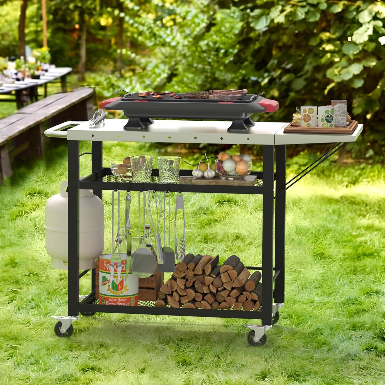 LUE BONA Outdoor Grill Cart Table – Portable, Foldable with Adjustable Storage & Tool Hooks