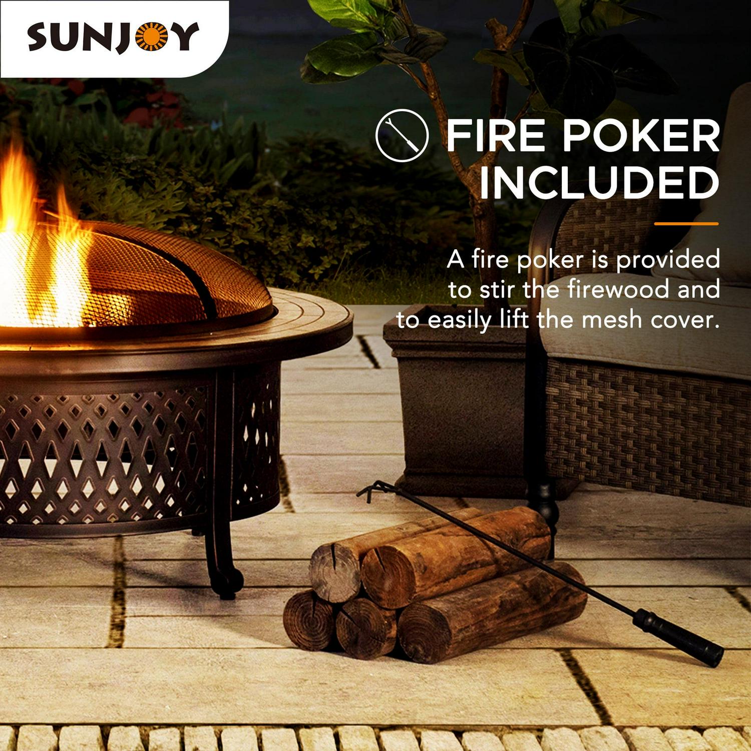 Sunjoy 40′′ Outdoor Fire Pit, Wood Burning, Steel & Tile, Includes Spark Screen & Poker, Round Patio & Backyard Bonfire