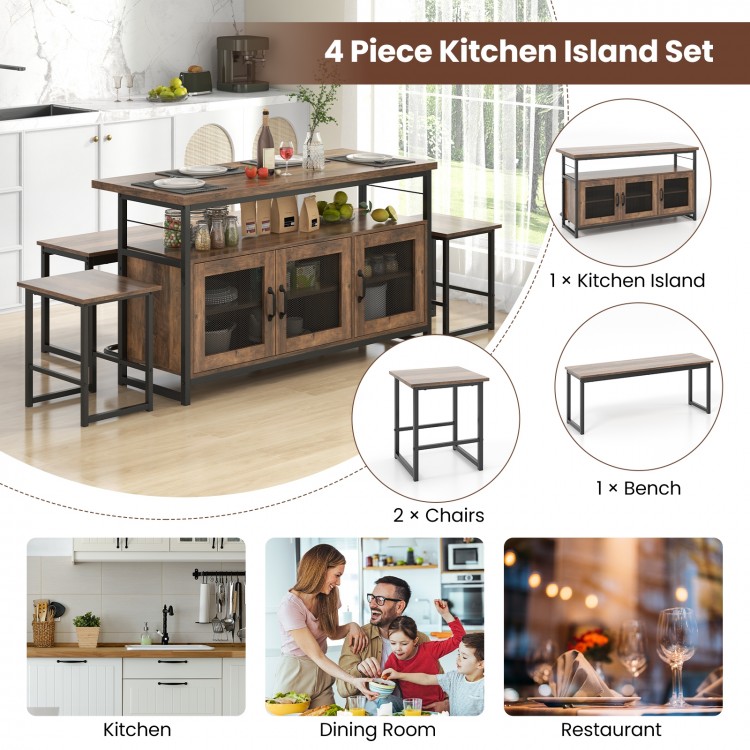 4 Piece Kitchen Island Set with Bench and Storage