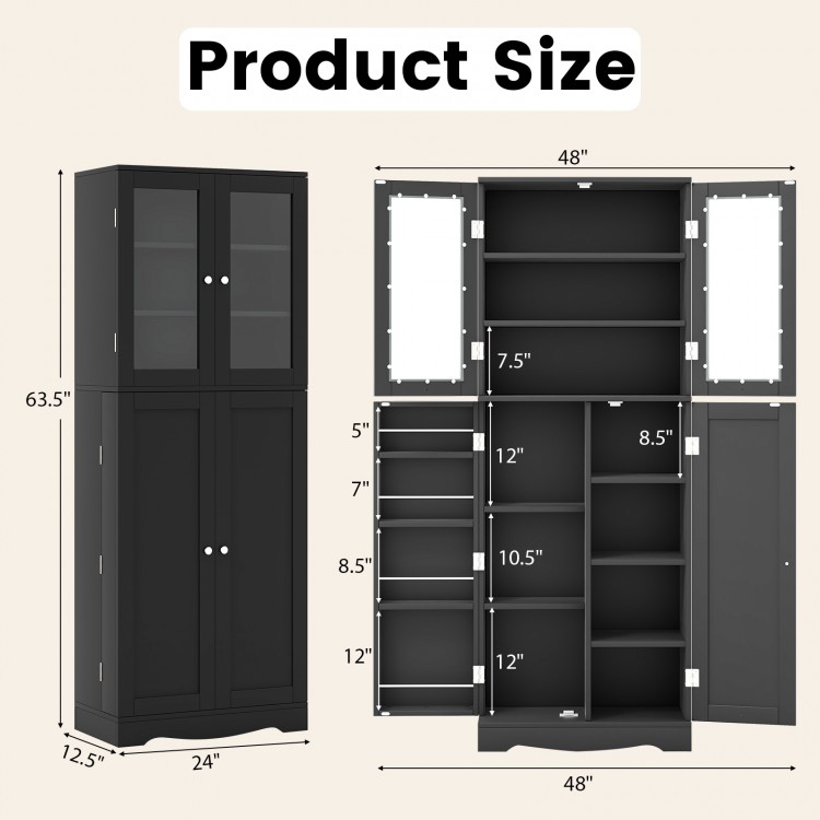Tall Kitchen Pantry Cabinet with Dual Tempered Glass Doors and Shelves