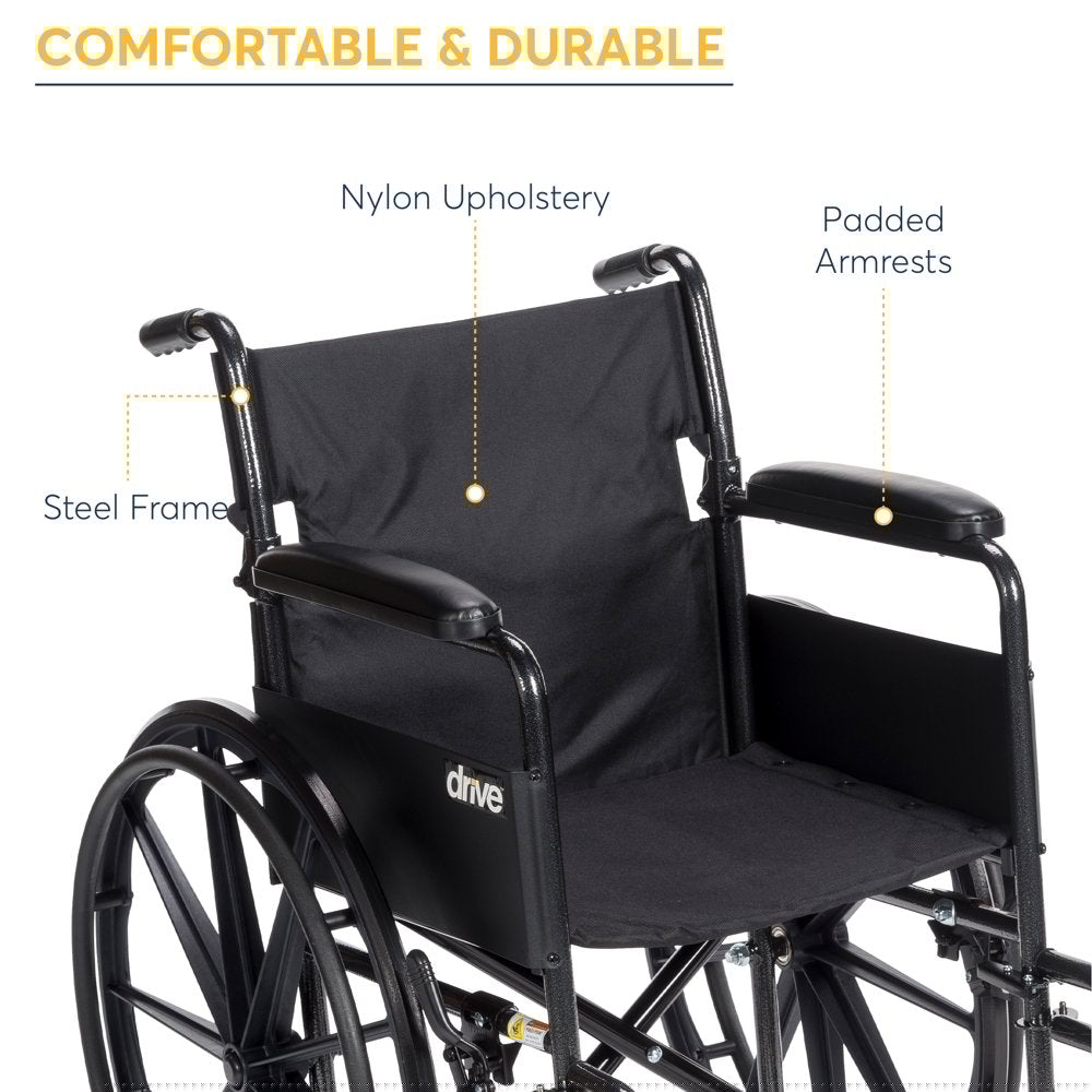 Drive Medical Silver Sport 1 Wheelchair, Full Arms, Swing-Away Footrest, Lightweight Steel Frame