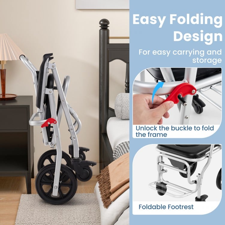 4-in-1 Foldable Bedside Commode Chair with Brakes and Bucket and Footrest