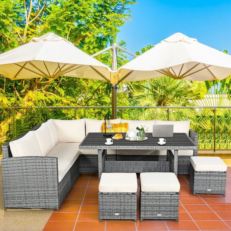 7 Pieces Outdoor Wicker Sectional Sofa Set with Dining Table