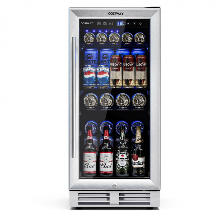 15 Inch 100 Can Built-in Freestanding Beverage Cooler Refrigerator with Adjustable Temperature and Shelf