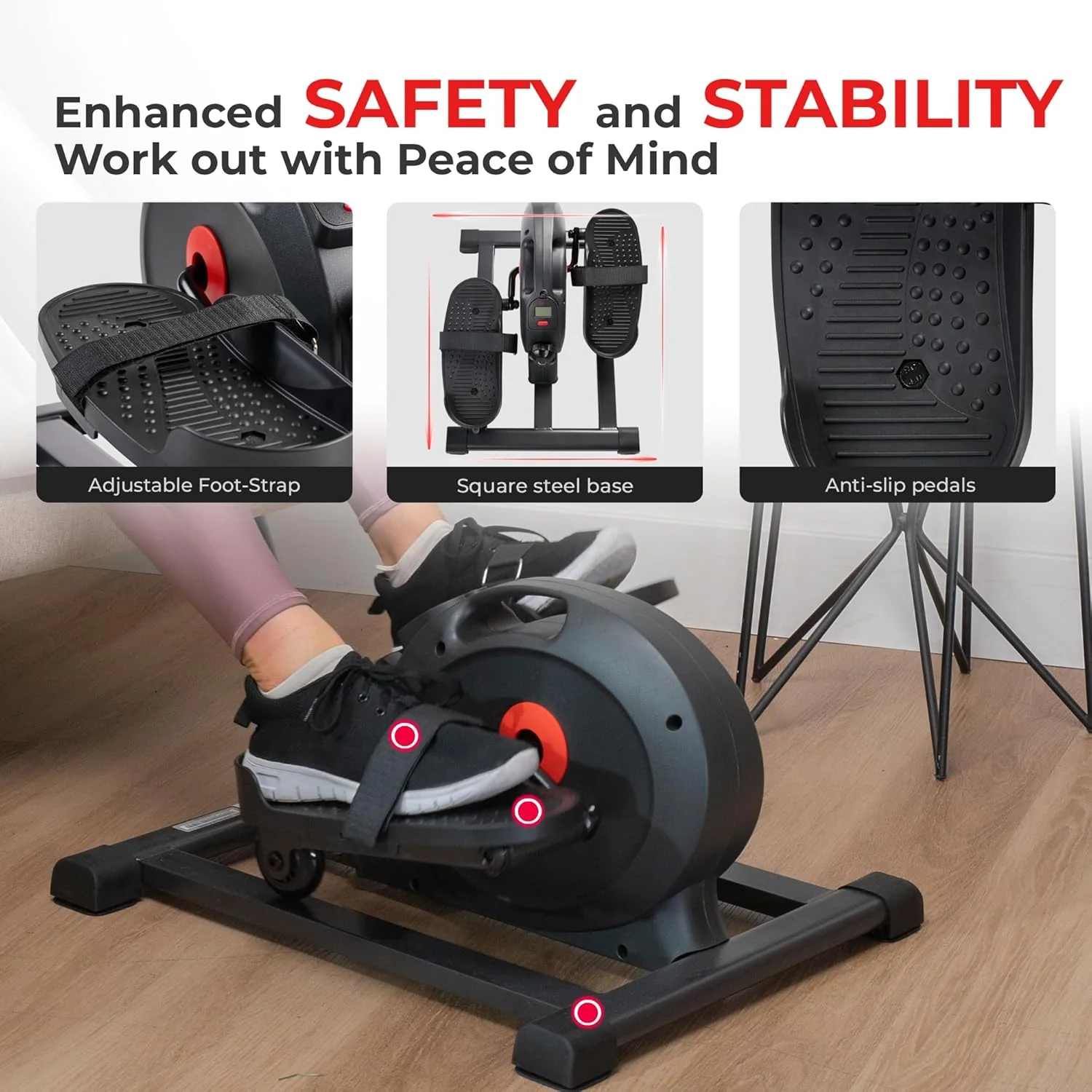 Sunny Health & Fitness Smart Mini Elliptical Trainer, Indoor Under-Desk Pedal Exerciser for Seniors’ Mobility & Cardio Workout, Free SunnyFit App Bluetooth Link, Optional Motorized w/Remote Control