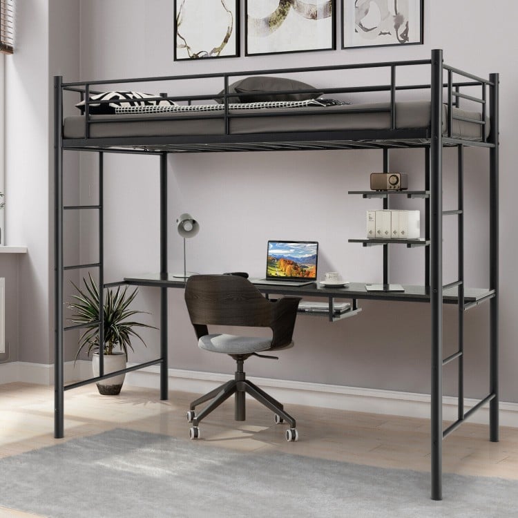 Twin Size Loft Bunk Bed with Desk Storage Shelf and Full-Length Ladders