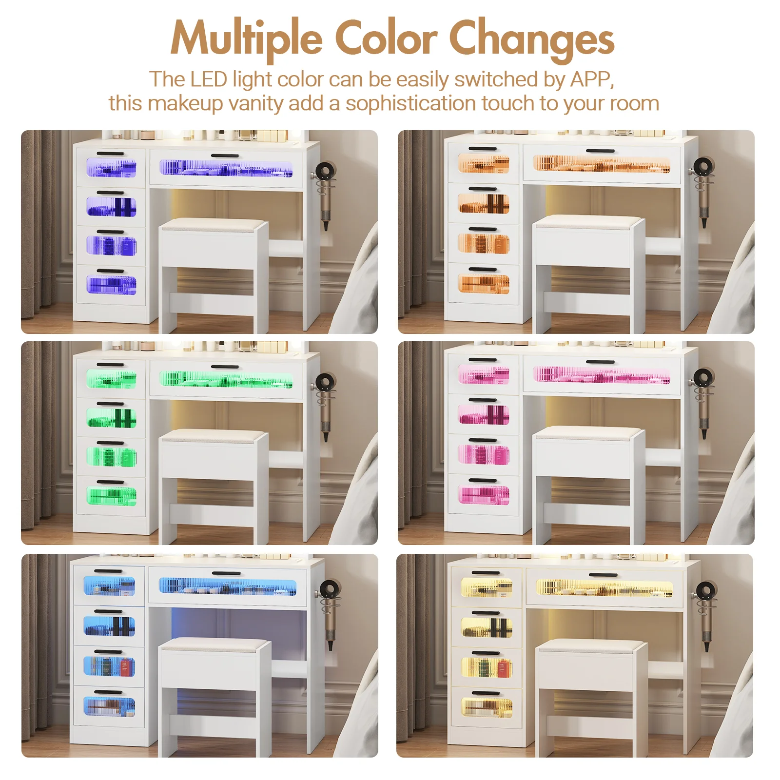 Dressing Table Stool Set with Glass Drawer