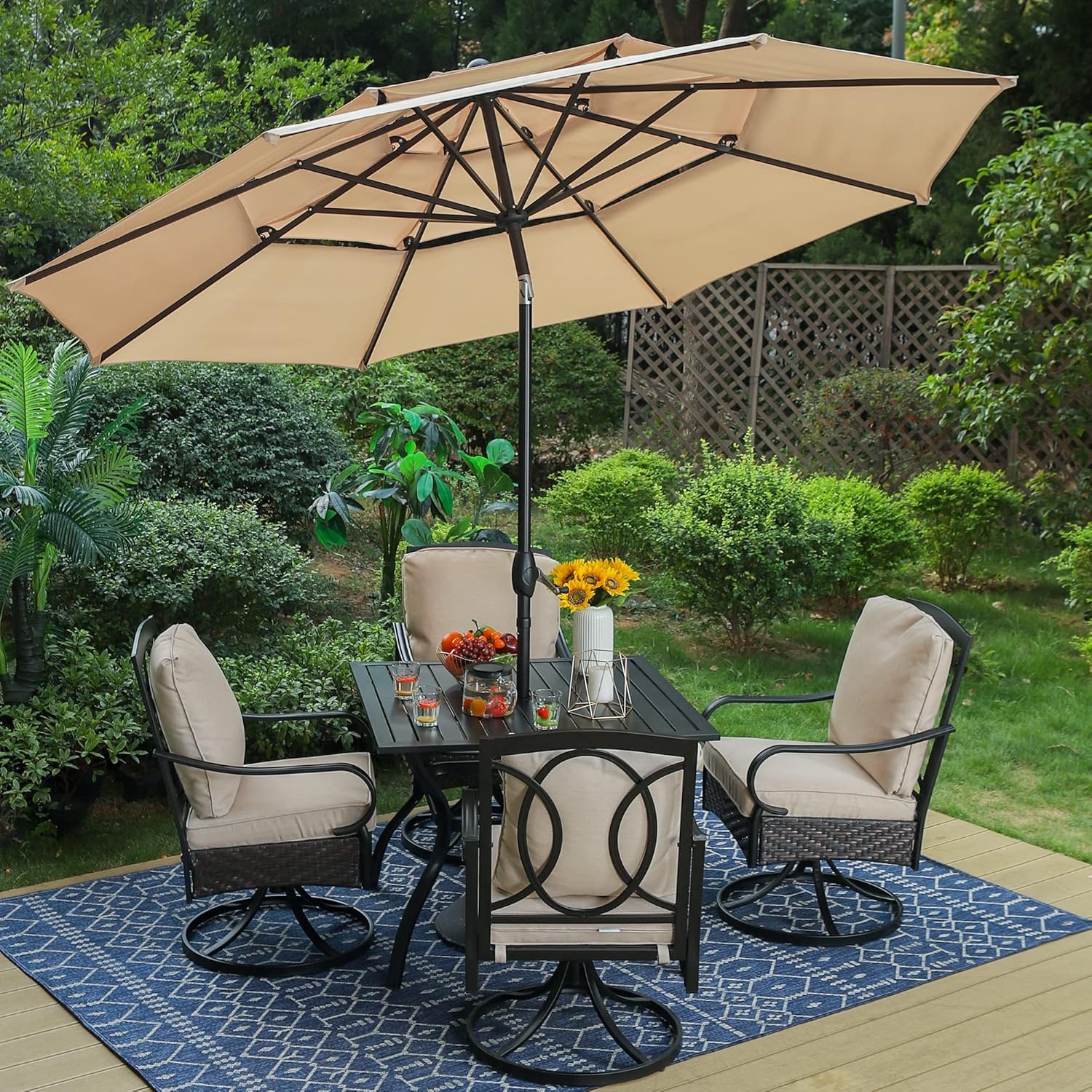 PHI VILLA 6-Piece Outdoor Dining Sets, All-Weather Patio Table and Chairs Set with Umbrella for 4, Heavy Duty Patio Round Table Set for Deck, 4 Extra Large Outdoor Swivel Chairs with Thick Cushions