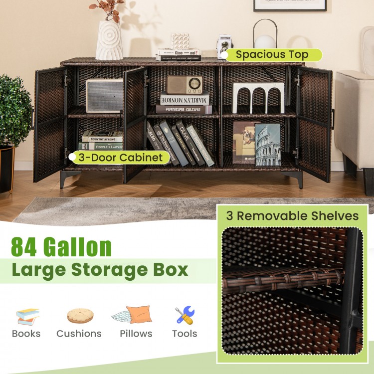 84 Gallon Patio Wicker Deck Box 3-Door PE Rattan Storage Container with Removable Shelves