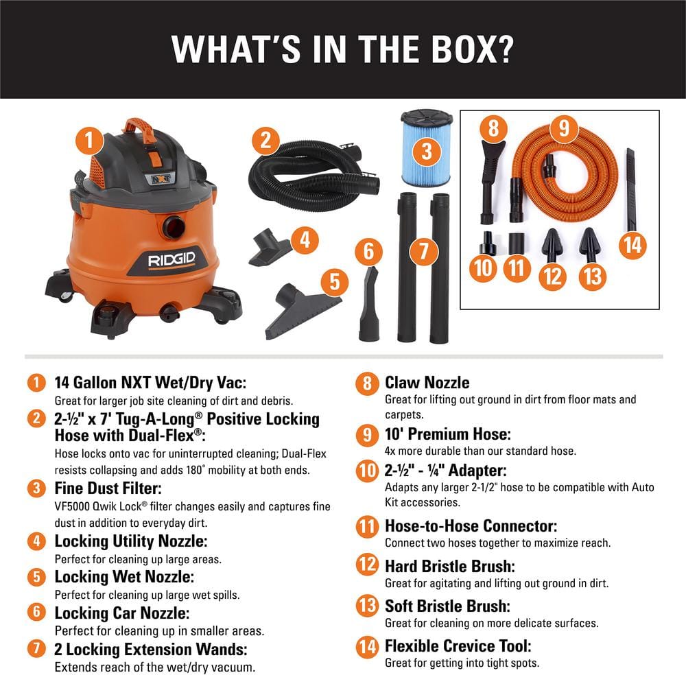 14 Gallon 6.0 Peak HP NXT Wet/Dry Shop Vacuum with Fine Dust Filter, Hose, Accessories and Premium Car Cleaning Kit HD1401