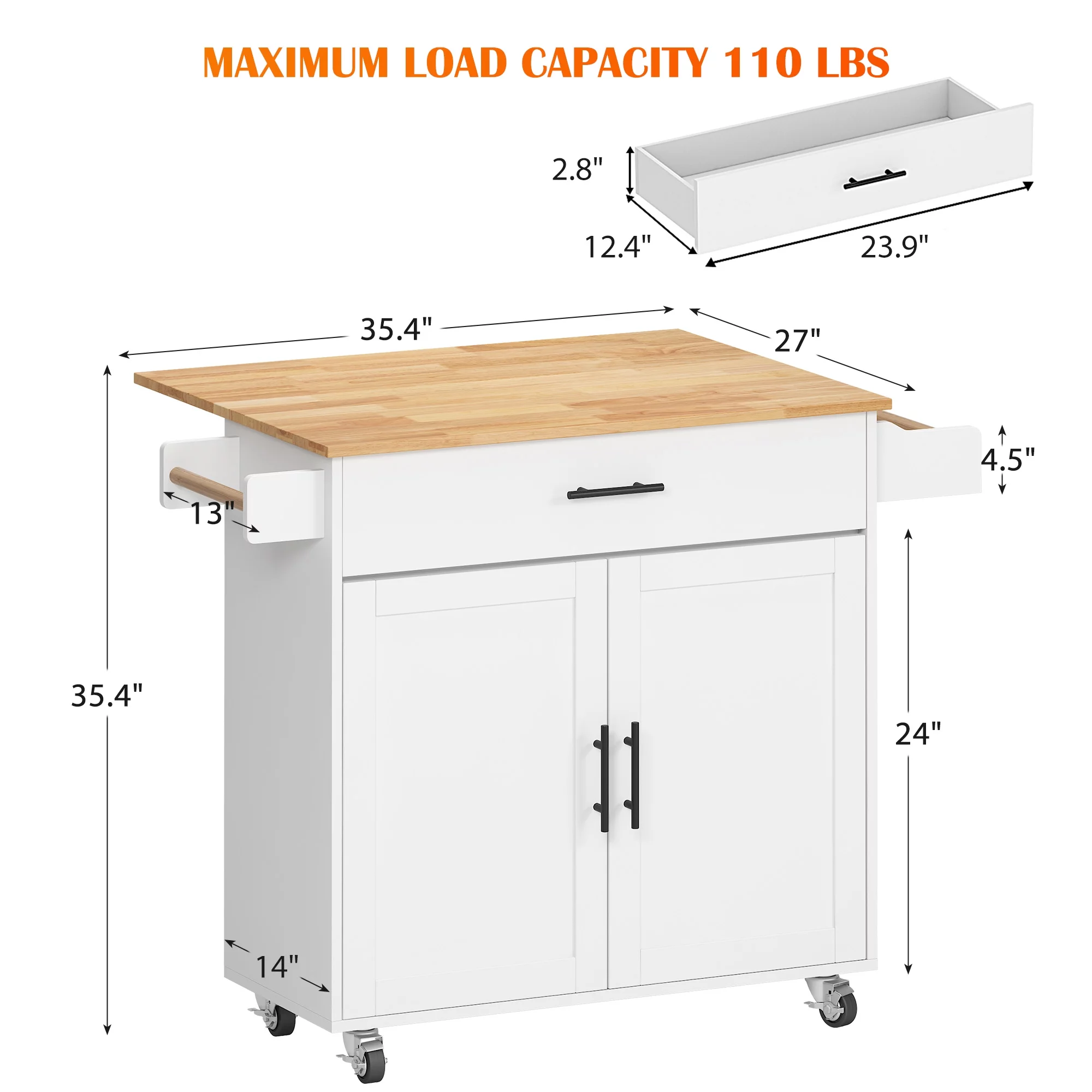 SogesHome Kitchen Island with Hidden Cabinets, Sliding Drawers & Adjustable Shelves, Mobile with Locking Wheels