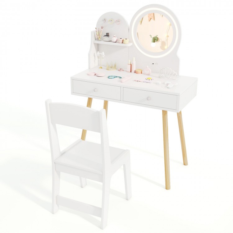 Kids Princess Makeup Dressing Desk and Chair Set with Mirror and Lights