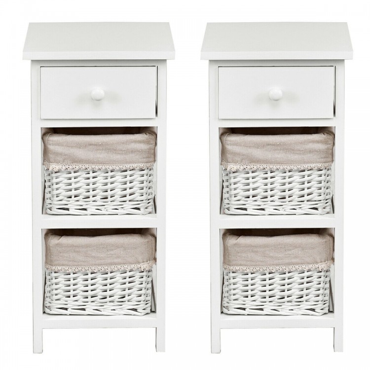 2 Pieces Bedroom Bedside End Table with Drawer Baskets