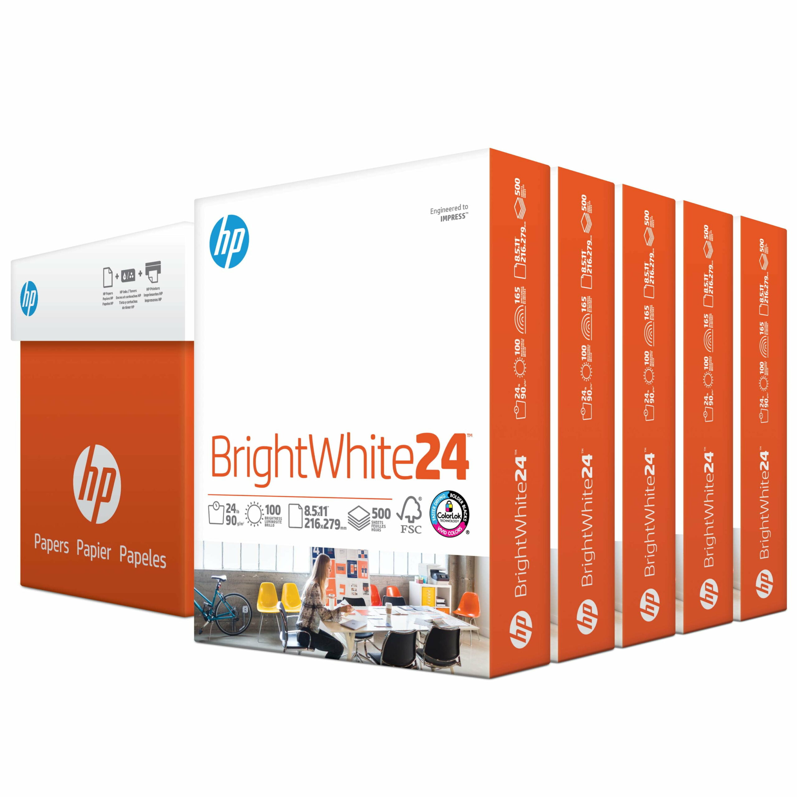 HP Bright White 24lb Printer Paper, 8.5×11, 5 Ream, 2,500 Sheets, FSC Certified
