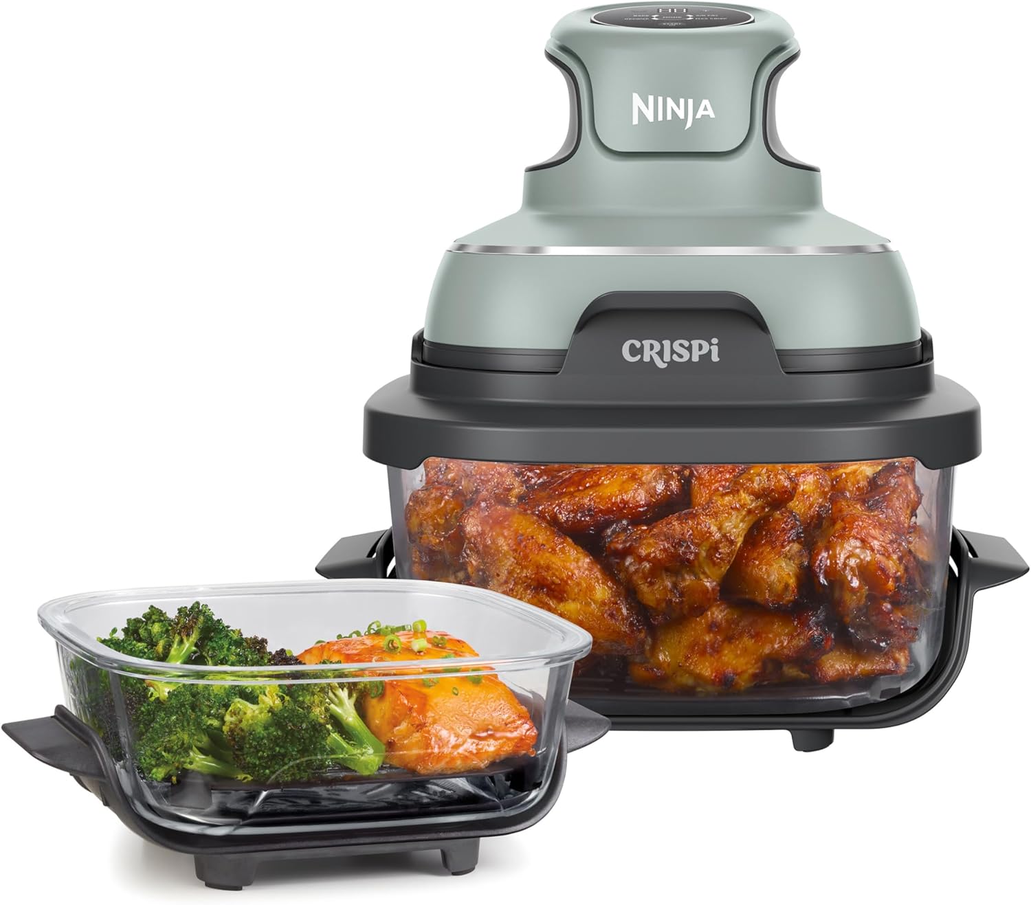 Ninja CRISPi bærbar airfryer varmluftfriture, 3,8 l, 4-i-1: varmluftfriture, stegning, holde varmen, recrisp, kompakt, 6 portioner, 2x aftagelige glasbeholdere & låg, 1,700 W, grå FN101EUGY