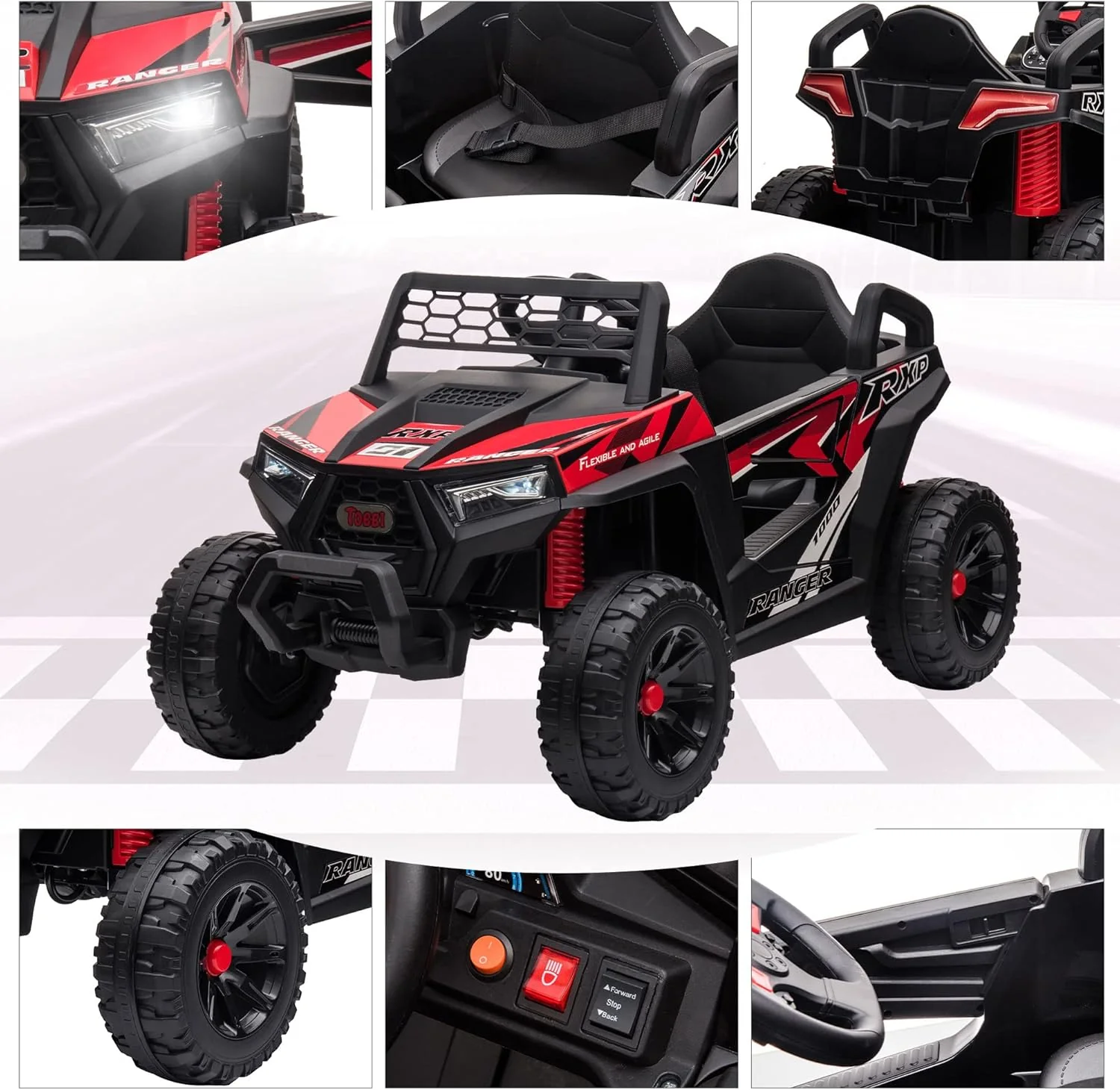 TOBBI 12V Kids Ride on Car, Electric Off-Road UTV Truck with Diverse Functions, Double Open Doors, Safety Belt, Horn, Music, and Lights for Kids Aged 3-5 Years (Rose Red)
