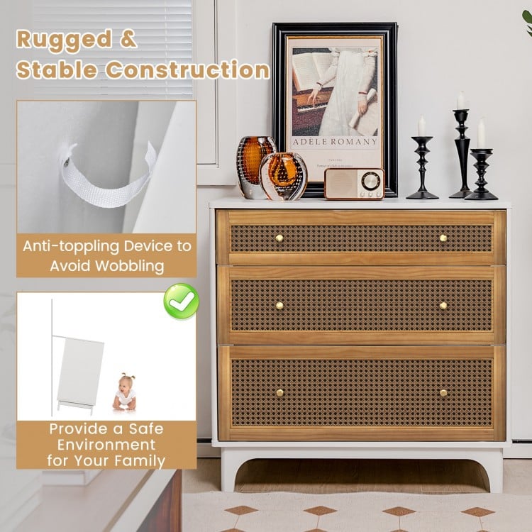 3-Drawer Rattan Dresser Chest with Anti-toppling Device