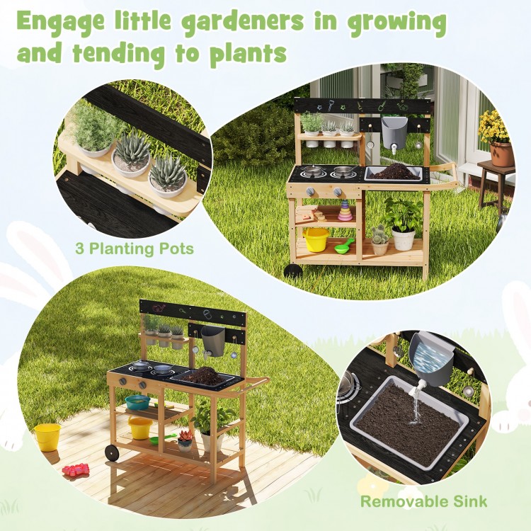 Outdoor Fir Wood Play Kitchen with Blackboard and Planting Pots