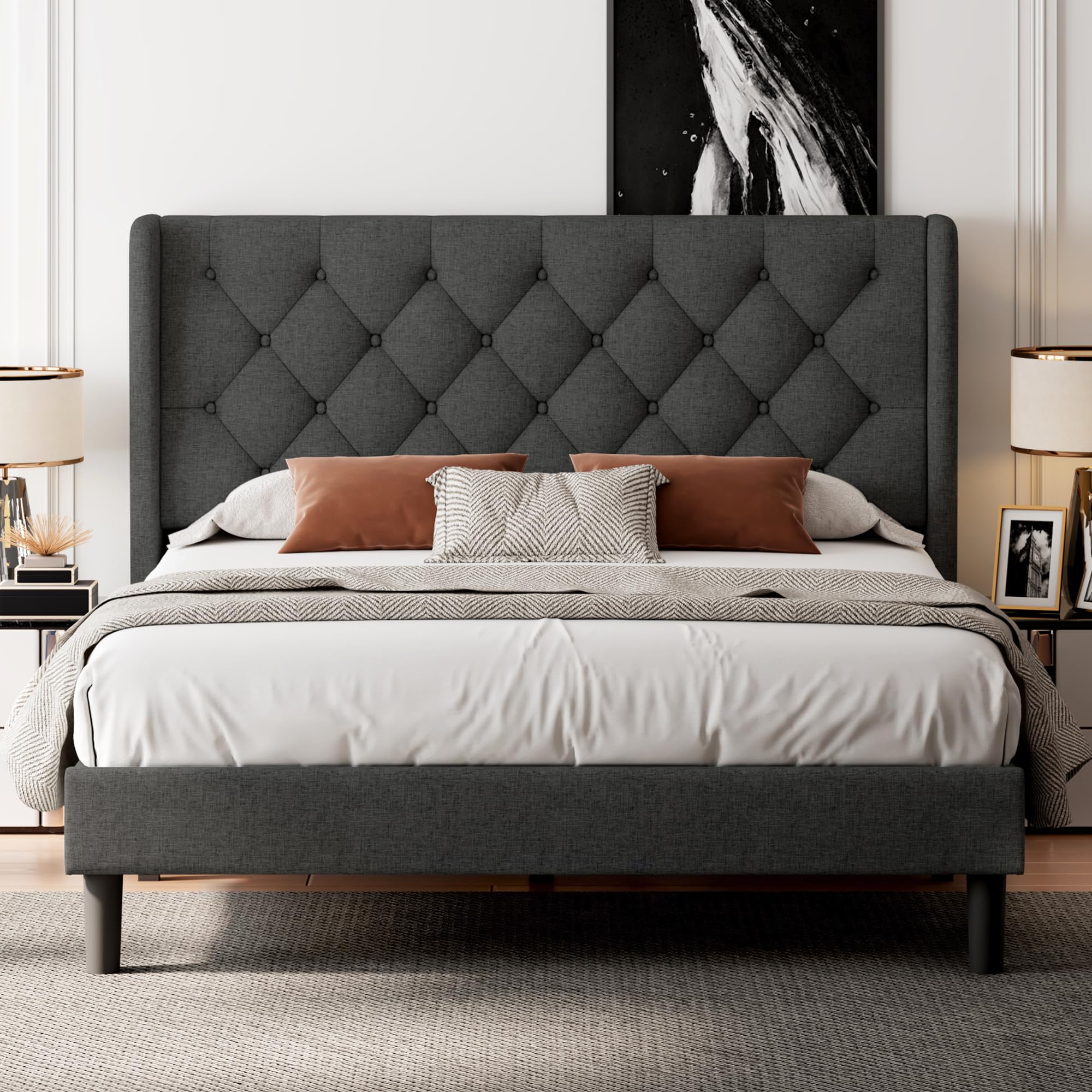 Feonase Full Size Bed Frame with Upholstered Wingback Headboard, Platform Bed and Heavy Duty Wooden Slats Support, Easy Assembly, Noise-Free, No Box Spring Needed, Dark Gray
