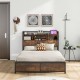 Full/Queen Size Bed Frame with 3-Tier Bookcase Headboard and Charging Station