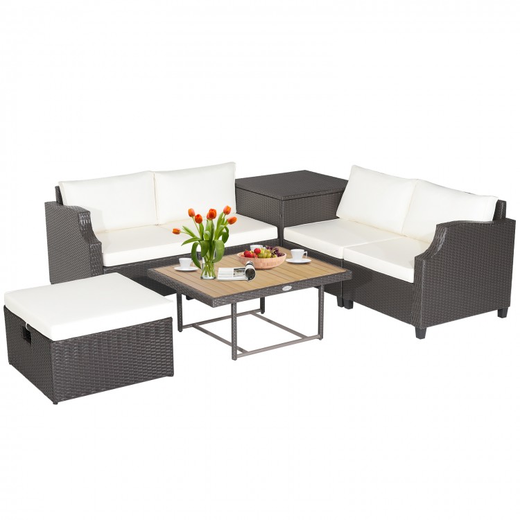 7 Pieces Hand-Woven Wicker Outdoor Furniture Set with Acacia Wood Coffee Table